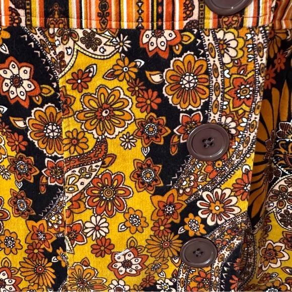 70s Boho Vintage Floral Flower Power Patchwork Trench Coat in Brown & Mustard XL - Picture 3 of 14